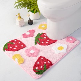 Anybar Pink Toilet Rugs U Shaped, Cute Strawberry Flower Bathroom Contour Toilet Mats,Extra Soft Absorbent Toilet Carpet Bathroom Rugs, Non Slip Bath Mat Washable Bath Rugs for Toilet Base(20x20 inch)