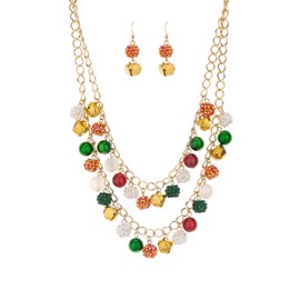 Madison Tyler Christmas Pendant Necklace Jewelry Set for Women | Statement Christmas Jingle Bells Rhinestone Balls Necklace | Dangle Bells Earrings | Xmas Holiday Necklaces Gifts