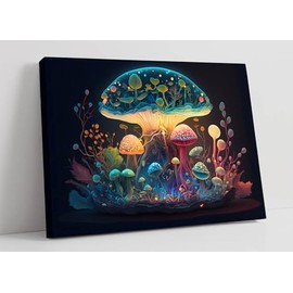 Fantastic color rainbow glowing mushrooms in a mysterious dark forest 3 Canvas Wall Art Picture Print - 12 inch wide x 8 inch high (Frame Depth 30mm)