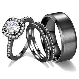 CEJUG 2Ct 18k Black Gold Wedding Ring Sets for Women and Men Hers His Titanium Bands Stainless Steel Couple Rings Cz Size 8&7