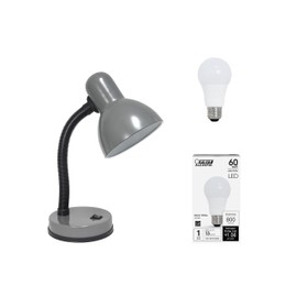 Simple Designs LD1003-GRY-LB 14.25" Basic Metal Desk Lamp with Flexible Hose Neck for Office, Living Room, Bedroom, College Dorm, Bookshelf, Silver, with Feit LED Bulb Included
