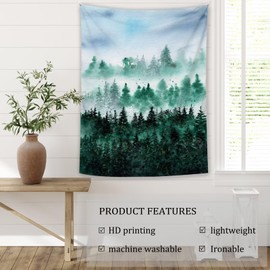 Green Mountain Forest Tapestry Wall Hanging, Blue Sky Watercolor Tree Misty Foggy Landscape Art Nature Scenery Vertical Tapestry Aesthetic for Bedroom Living Dorm Room Backdrop Wall Decor 40×60 inch