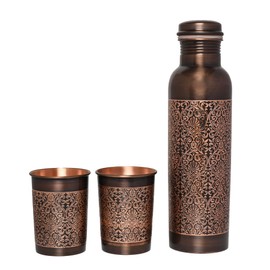 Pure Copper Water Bottle with 2 Tumblers Set, Beautiful Floral Pattern For Ayurveda Health Benefits