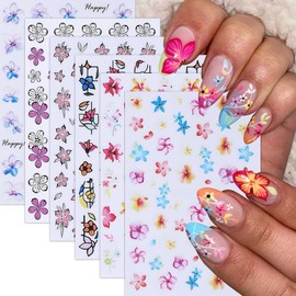 6Sheets Flower Nail Stickers Lily Flower Stickers for Nails 3D Self Adhesive Floral Nail Decals Colorful Hawaiian Floral Design Five-Petal Flowers Nails Supplies Nail Accessories for Women Girls