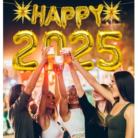 Gold Happy 2025 Balloons, 32inch 2025 Number Balloons New Years Decorations 2025 Sign with 22inch Star Balloons for New Years Party Decorations New Years Eve Party Supplies 2025 NYE Decorations