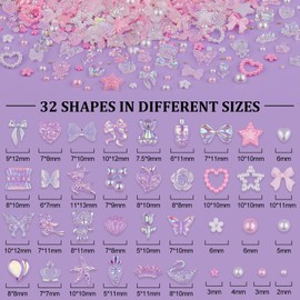 150 PCS 3D Nail Charms Butterfly Bow Star Heart Bear Shiny Jewels with 3D Flowers and Flat Pearls, Over 400 PCS Cute Charms in Total with Pickup Tools for Nail Art Decoration(Clear AB&Pink)