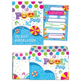 JuNa-Experten 12 Invitation Cards Birthday Children Swimming Pool Including 12 Envelopes, 12 Gift Bags / Petrol, 12 Stickers Girls Boys Birthday Invitations
