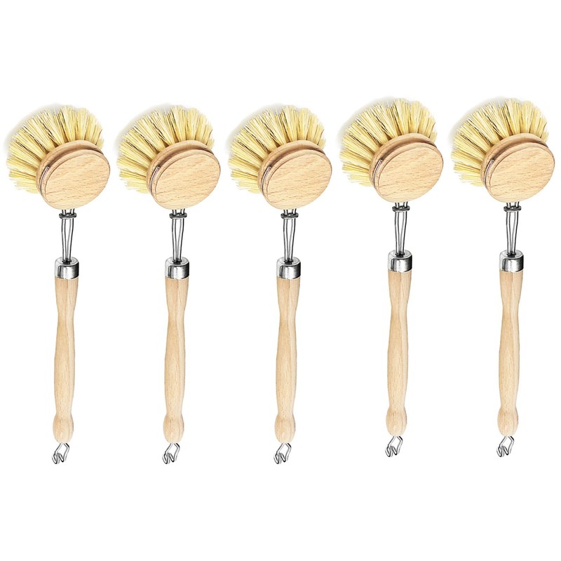 Set of 5 Wooden Washing Up Brush Heads Replaceable Sustainable