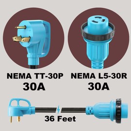 CircleCord 30 Amp 36 Feet RV Power Cord Twist Locking, Heavy Duty 10 Gauge 3 Wire STW Pure Copper Wire with Grip Handle, TT-30P to L5-30R with Cord Organizer for RV Trailer Campers