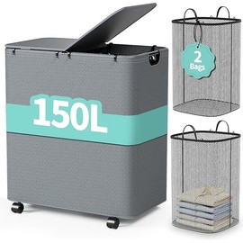 Yecaye 150L Laundry Hamper with Wheels, Rolling Laundry Basket with Lid and 2 Removable Laundry Bag, Large Capacity 2 Section Clothes Hampers for Laundry Room, Bedroom, Bathroom, Dorm, Grey