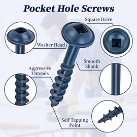 Pocket Hole Screws 1-1/4 Inch, Goobetter Pocket Screws #8 x 1-1/4" 100 Pcs for Exterior, Washer Head with Square Drive, Coarse Thread, Blue Coated, Self Tapping, 100MM Drive Bit Included