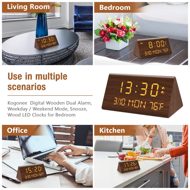 Kogonee Wooden Digital Alarm Clock, 0-100% Dimmer, 2 Alarm Settings,