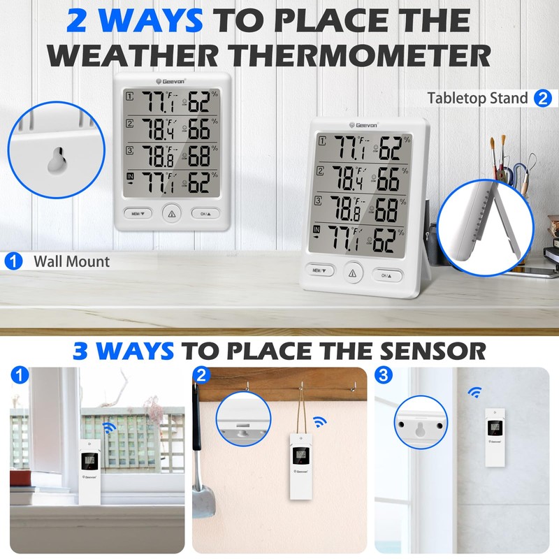 Geevon Indoor Outdoor Thermometer Wireless with 3 Remote Sensors, Temperature