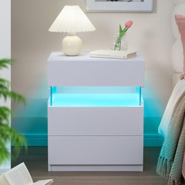 i-aplus Night Stand Set 2 Night Stand with Gun Drawer LED Night Stand for Bedroom Modern LED Bedside Table with 3 Drawers End Side Table
