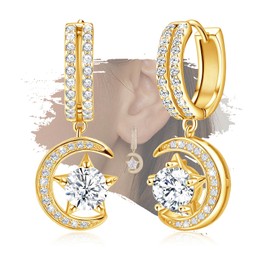 Sterling Silver Earrings for Women Dangle Hoop Charms Hypoallergenic Fashion Yellow Gold Jewelry Star Moon Birthday Gift