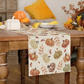 RABUSOFA Polka Dot Pumpkins Fall Maple Leaves Fall Table Runner,Seasonal Autumn Kitchen Dining Table Holiday Thanksgiving Decoration for Home Party Decor 13x108 Inch