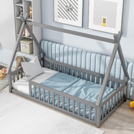 PVWIIK Twin Floor Bed with Safety Guardrails & Slats,Montessori Floor Bed Slats for Kids Bedroom,Space Saving Design,No Box Spring Needed, Grey