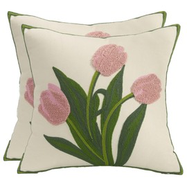 Tosleo Embroidery Throw Pillow Covers 18x18 inch Pack of 2 Pink Tulip Flower Pillowcases Spring Pillow Covers for Couch Cotton Canvas Cushion Cover Square Farmhouse Floral Decor Pillow Case