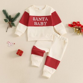 MBMSHEGH Baby Boy Christmas Outfit Letter Embroidery Contrast Color Long Sleeve Sweatshirt and Elastic Pants 2 Piece Clothes (A-Red, 3-4T)