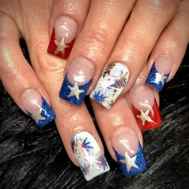 4th of July Press on Nails Short Square Silver Glitter Stars Fake Nails Independence Day Acrylic Nails Red Blue French Tip False Nails Glossy Full Cover Stick on Nails for Women 24 Pcs