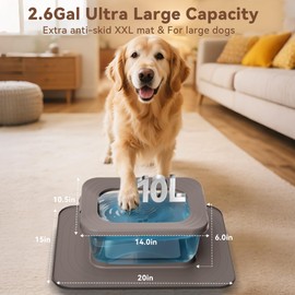 Twinsing 10L No Spill Dog Water Bowl, 2.6 Gal Stainless Steel No Splash Large Dog Water Bowl with Non-Slip Silicone Mat, Spill Proof Slow Drinking Pet Bowls for Messy Drinkers Indoor/Outdoor Use Grey