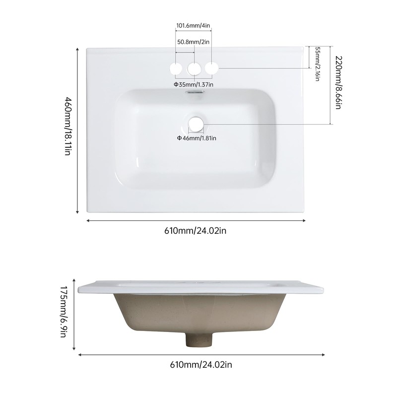 24" x 18.1" Glossy White Ceramic Drop-in Bathroom Sink, 3-Hole