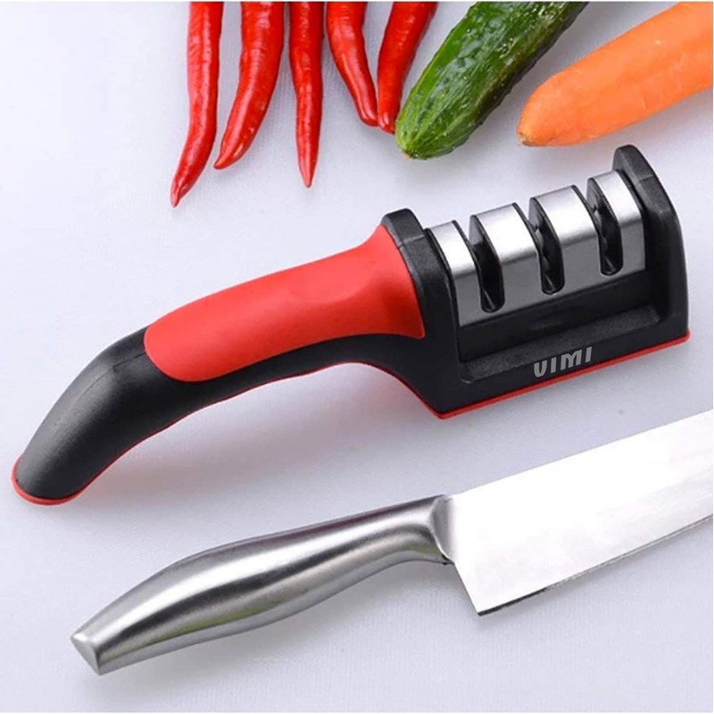 Afilador Cuchillos Cocina Ergonomico Tijeras 3 Etapas Manual (Rojo)