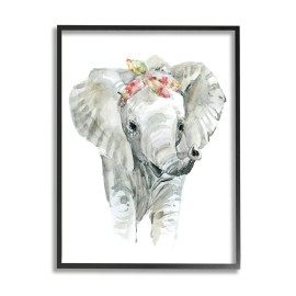 Stupell Chic Baby Elephant with Floral Print Hair Tie Framed Grey 24 x 30