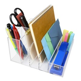 Acrylic Desk Organizer Clear Combination of File and Pen Holder 5-Section Office Desk Accessories Office Organization for File, Envelopes, Electronics, Pen, Cards and other small office supplies