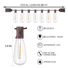 20Ft Outdoor ST40 LED String Lights with 22 Shatterproof Edison Clear Bulbs, C9/E17 Screw Base, ST40 LED Patio String Lights UL Listed for Patio Backyard Garden Bistro Porch String Lights-Brown Wire