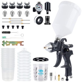 YUZES HVLP Spray Gun Kit – 4 Nozzles (1.4/1.7/2.0/2.5mm), Auto Paint Gun for Cars, Furniture & DIY, 10 Disposable Paint Cups & 600ml Mixing Cup with Ratio, Oil-Water Filter & Air Regulator