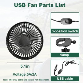 Golf Cart Fans Universal Golf Cart USB Fan Portable Quick-Mount Clip Fan for EZGO, Club Car, and Yamaha 3 Speeds 360° Rotation High Airflow Low Noise; Ideal for RVs, Camping, Outdoor Use, and Home