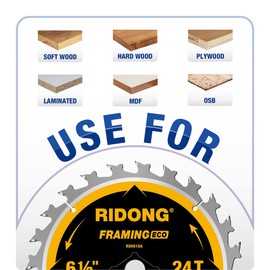 RIDONG 6-1/2 Inch Circular Saw Blade, 24-Tooth with 5/8" Arbor ATB Framing Saw Blade for Cutting Wood (6.5" 10-Pack)