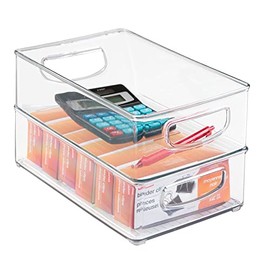 mDesign Small Plastic Office Storage Container Bins with Handles for Organization in Filing Cabinet, Closet Shelf, or Desk Drawers, Organizer for Notes, Pens, Pencils, and Staples - 2 Pack - Clear