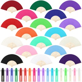 Aodaer 36 Pieces Silk Folding Fans with Fabric Sleeve Bamboo Folded Fans Handheld Folding Fans Decoration Fans for Wedding, Bridal Shower, Home Decoration, Multicolor