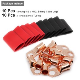 TKDMR 10pcs 1/0 AWG-1/2 Battery Lugs,Heavy Duty Wire Lugs,Ring Terminals,Battery Cable Ends,0 Guage terminals,Battery Terminal Connectors with 10pcs 3:1 Heat Shrink Tubing