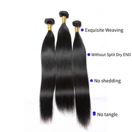 Genrein Straight Human Hair 3 Bundles 14 16 18 Inch Brazilian 100% Unprocessed Straight Wave Bundles Human Hair Weave Extensions 1B Color for Women