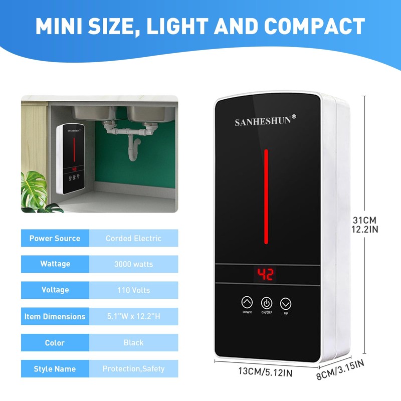 Tankless Water Heater Electric, 3000W 110V Instant Hot Water Heater,