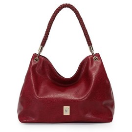 Hobo Shoulder Bag with Braided Handle, Burgundy Faux Leather, Gold-Tone Hardware