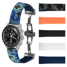 QWATCHBANDS Rubber Watch Strap with Butterfly Clasp – Cut to Size Quick Release Watch Band – Replacement Strap Compatible with Luxury Watches and Smart Watches (20mm Strap - Blue Camo)