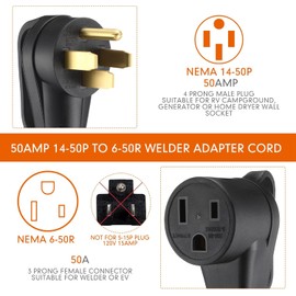 Tellegloww 14-50P to 6-50R 50Amp 6 AWG Welder Adapter Cord Compatible with NEMA 14-50P Male to 6-50R Female 50Amp 4 Prong RV Generator to 3 Prong Welder Power Adapter, STW 6 AWG/3C, 1FT ETL Listed