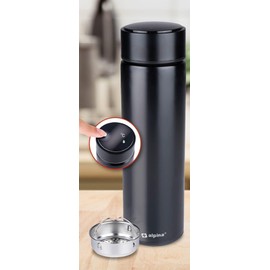 alpina Digital Thermos Flask, 480 ml, for Cold and Hot Drinks, Digital Temperature Display, Includes SUS304 Filter, Anti-Leak Closure, Black, Stainless Steel