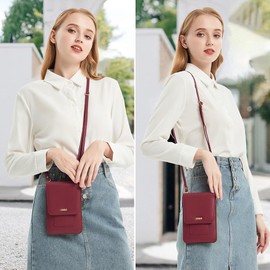 Peacocktion Small Crossbody Cell Phone Bag for Women, Leather Shoulder Bag Card Holder Phone Wallet Purse (Red)