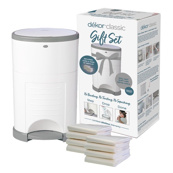 Diaper Dekor Classic Diaper Pail Gift Set – White | Comes with Over a Year's Supply Worth of Diaper Dekor Refills!