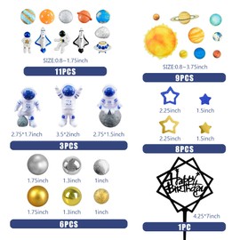 40 piezas de decoración espacial de astronauta para tartas espaciales de astronauta, estatuilla de astronauta, meteorito, planeta, cohete, estrellas y bolas doradas y plateadas, decoraciones para tartas para baby shower, niños, suministros de fiesta de c