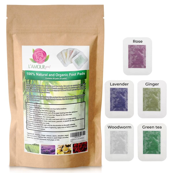 L'AMOUR yes! Foot Pads | Concentrated Formula Foot Patches | Rose, Lavender, Wormwood, Green Tea, & Ginger Foot Pads | 50 Premium Quality 2-in-1 Foot Pad