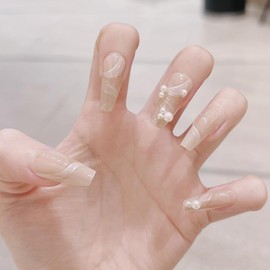 CATKIN Press On Nail Fasle Nail with design 24pcs Full Cover Reusable Acrylic Nails Artificial Nails for Women girls Long Square Decoration Fake Nails White Pearl