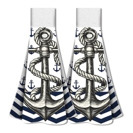 WADORN Kitchen Towel for Hanging with Nautical Anchor, Set of 2, Hand Towel with Anchor Motif and Ocean Motif with Loop Hook, Absorbent for Hanging, Tea Towel, Wash Cloth for Kitchen, 31.5 x 34.5 cm
