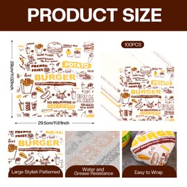 Greaseproof Paper Sheets 28 x 29.5cm, Burger Papier, 100 Sheets Food Wrapping Paper Food Basket Liners for Burgers, Sandwiches, Fries,Cakes