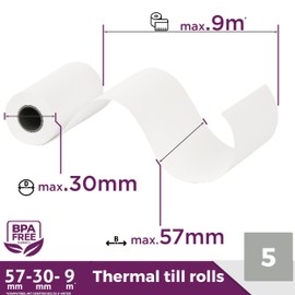 Ec-Cash Thermal Rolls 57 mm x 9 m x 12 mm - Till Rolls - Thermal Paper - Receipt Rolls for ATM - Credit Card Readers (57 x 30 x 12) (5 Rolls)